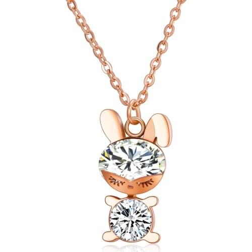 Cute Stainless Steel Rabbit inlay CZ Pendant Necklace For women Charm Rose Gold color girl party choker collar Jewelry gift