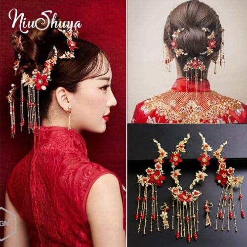 NiuShuya Elegance Traditional Chinese Wedding Hair Accessories Red Flower Headpiece Bridal Headpins Tassel Gold Hairwear jewelry