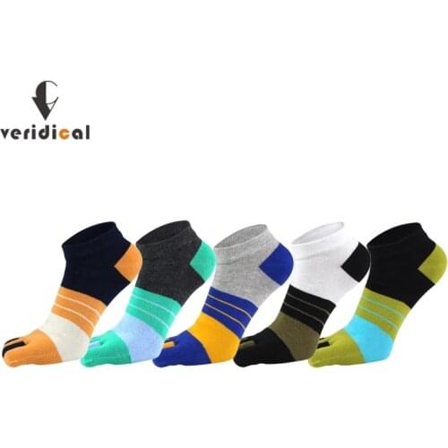 VERIDICAL Pure Cotton Five Finger Socks Mens Sports Breathable Striped Young Casual Ankle No Show Socks With Toes Brand EU 38-44
