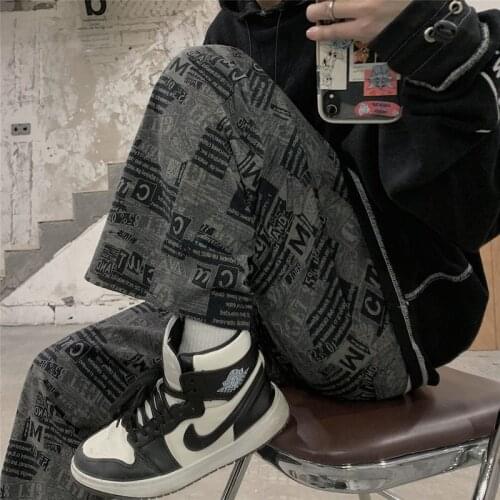 2021SS new straight pants men women students Korean loose newspaper letter printing vintage casual wide-leg high street trousers