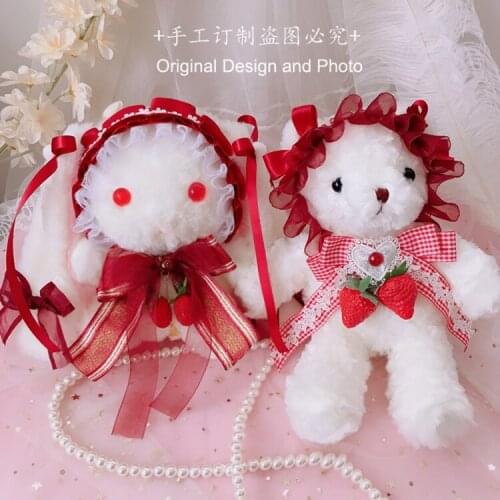 Xmas Series Original Handmade Lolita Messenger bag Cute Strawberry Bunny Bear Plush Doll Snow Yarn Pearl Chain Shoulder Bag