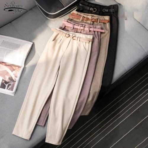Autumn Winter Wool Women Pants Female Warm Long Pants Women 2021 New High Waist Belted Harem Korean Style Chic Trousers 6992