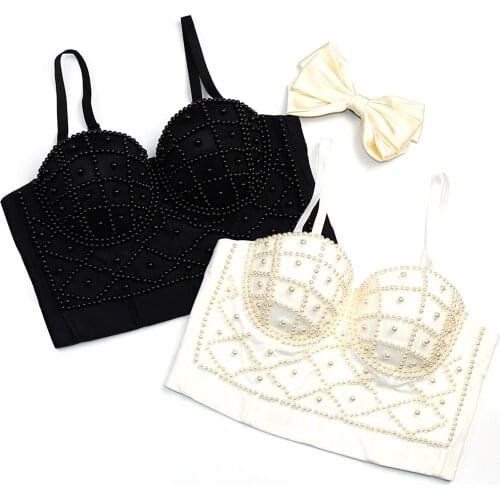 Sexy Pearls Suspender Strap Bustiers Tops Women Solid Color Vest Off Shoulder Crop Tops Summer Female Beads Corsets White/ Black