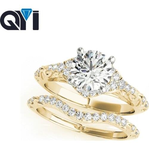 QYI Four claws 14K Solid Yellow Gold Ring Set Round Cut 1 ct Sona Simulated Diamond Jewelry Women Engagement Wedding Rings