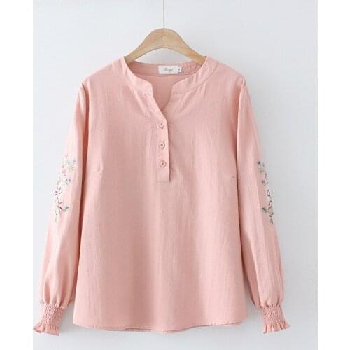 Plus Size XL-4XL Womens Floral Embroidery Blouse Long Sleeved V-neck A-line Tops Officewear Elegant Cotton Blusas