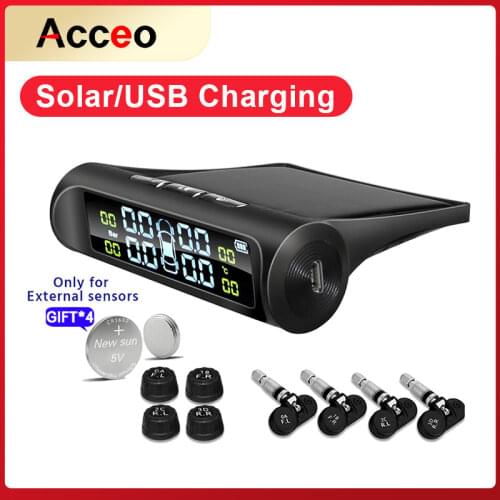 E-ACE TPMS Tire Pressure Alarm Sensor Monitor System Car Display Internal / External Solar Power Charging Temperature Warning