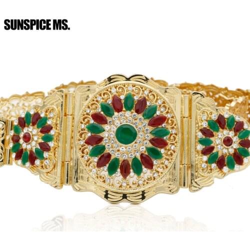 Sunspicems Elegant Moroccan Caftan Belt Bride Wedding Jewelry Gold Color Multicolor Crystal Metal Waist Chain Adjustable Length