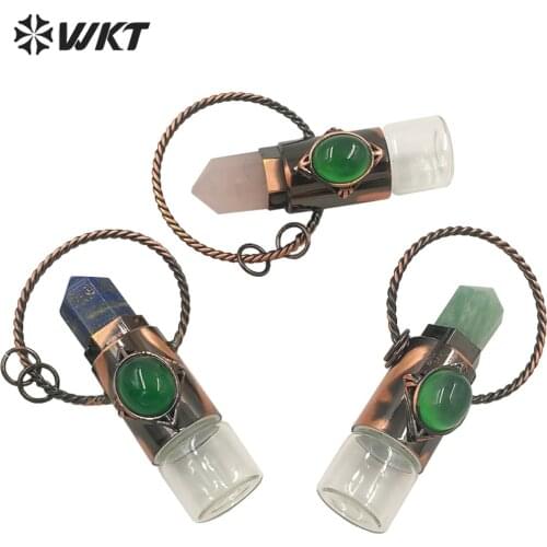 WT-P1684 Wholesale most popular Antique copper natural stone made perfume bottle pendant lady roller glass bottle with stone