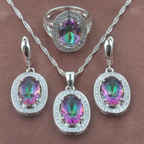 Silver Color Jewelry Sets Multicolor Rainbow Cubic Zirconia Womens Wedding Necklace Earrings Ring Free Gift Box TZ0115