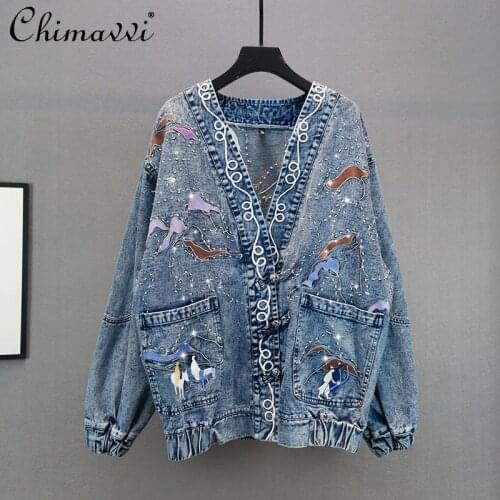 Loose Embroidered Jean Jacket for Women 2021 Spring and Autumn V Neck Long Sleeve Coat Female Cartoon Print Denim Jacket
