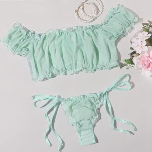 2Pcs Lady Solid Color Sexy Lingerie Underwear Off shoulder Elastic Short Sleeve Midriff-baring Top Bow Lace-up Thong Exotic Sets