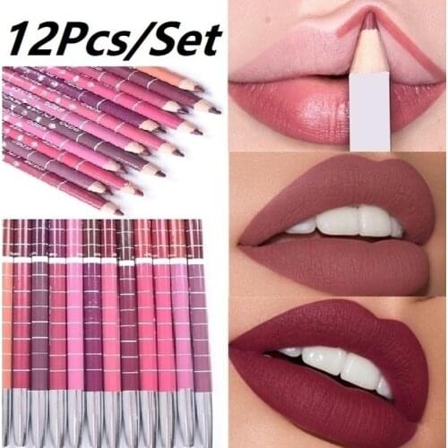 12Colors 1Set Professional Metal Colors Pencil Lipstick Long Lasing Brown Velvet Matte Metallic Lipstick Lip Liner Pencil