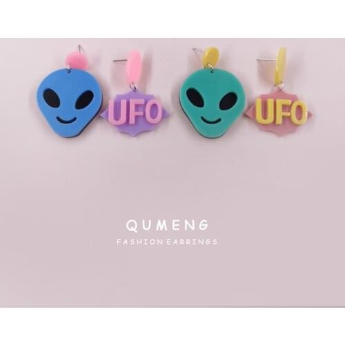 2021 Original Design Colorful Alien UFO Asymmetric Acrylic Statement Earrings Cute Punk Nightclub Party Halloween Jewelry