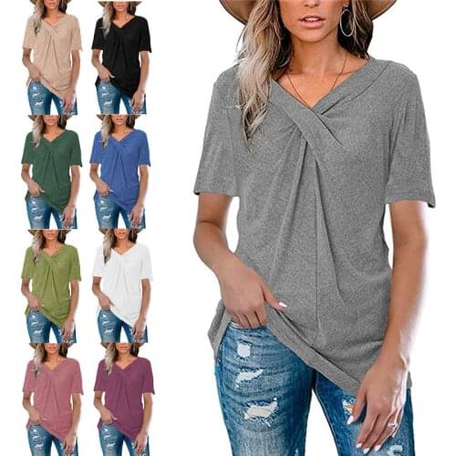 2021 sexy v neck tops female fashion solid color cross knot summer top women vintage loose casual T-shirt camisetas verano mujer