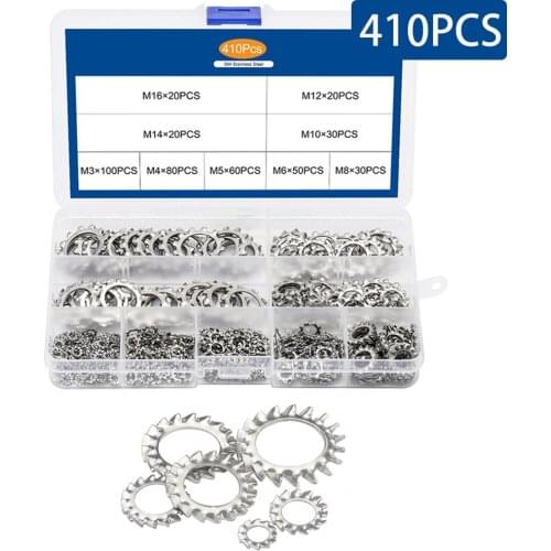 410PCS/Box External Tooth Lock Washer Assortment Kit 304 Stainless Steel M3 M4 M5 M6 M8 M10 M12 M14 M16 Star Lock Washer