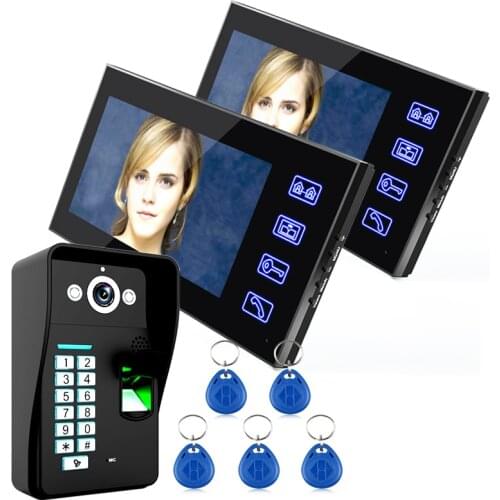 Free Shipping!Ennio Touch Key 7" Lcd Fingerprint Video Door Phone Intercom System Wth 1 Camera + 2 Monitor