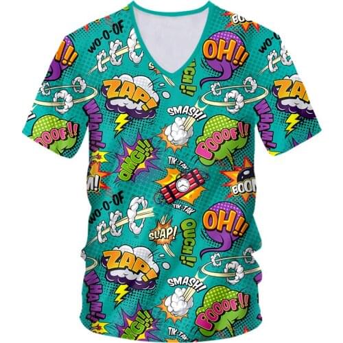 3D Hip Hop Print V-neck T Shirts Hipster Casual Street Style Anime Comic Graffiti Short Sleeve Shirt Men Streetwear T-shirt