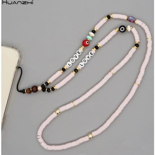 HUANZHI 2021 Phone Beads Evil Eye Cell Phone Strap Love Letter Halter Neck Anti-lost Mobile Phone Lanyard for Women Jewelry Gift