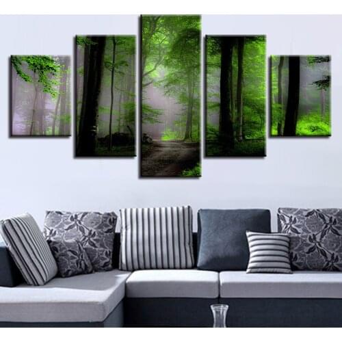 Frames Modular Poster Paintings Printing 5 Pieces Green Forest Path Natural Landscape Canvas Pictures Decor Living Room Wall Art