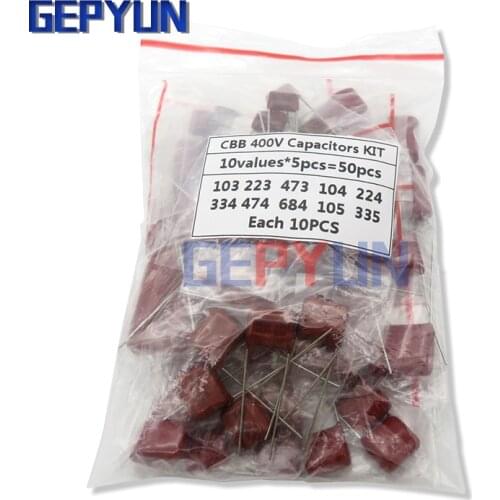 KIT 50PC=10value*5PCS Metallized Polyester Film Capacitors CBB Assortment Kit 400V 10nF ~ 3.3UF