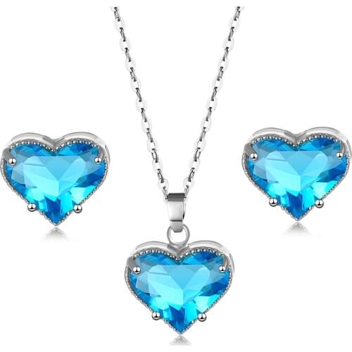 2021 New Luxury Blue Color Crystal Heart Necklace Earrings Sets for Women Heart of the Sea Charms Bridal Wedding Jewelry Sets