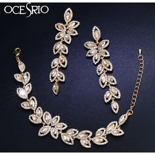 OCESRIO Crystal Bridal Jewelry Sets Gold Flower Earrings Bracelets Wedding Jewelry Sets for Brides Bridesmaid Jewelry brt-a02