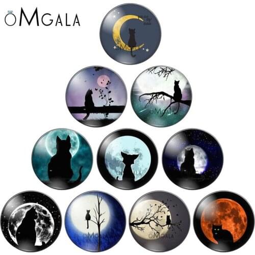 Beauty Black Cat with moon mixed 10pcs 12mm/18mm/20mm/25mm Round photo glass cabochon demo flat back Making findings