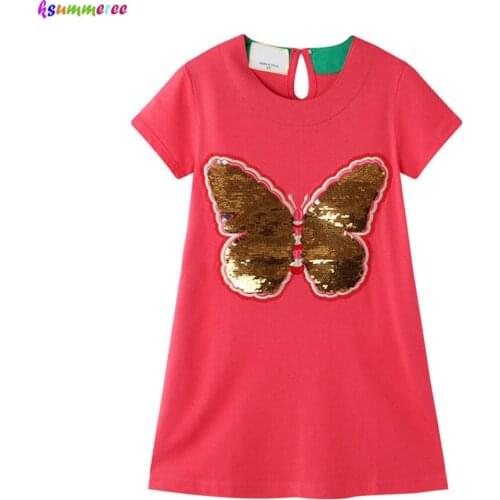 Girls Summer Dress Brand New Flip Sequin Animal Butterfly Princess Dress Children Cotton Short Sleeve Clothes Ballet Girl Dress