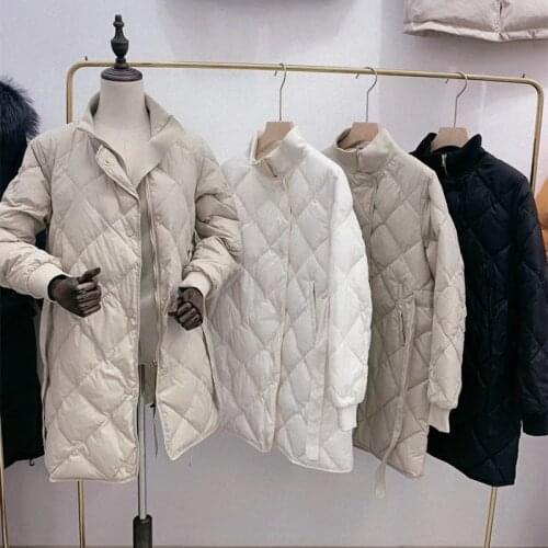 Luzuzi 2020 New Autumn Winter Women' Down Jacket Slim White Duck Down Coat With Belt Female Korean Grid Warm Parkas Outwear