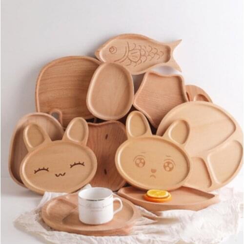Cute Cartoon Children Separated Dinner Plate Creative Multi-use Solid Wood Kitchen Dining Tableware Cheese Bread Snack Tray