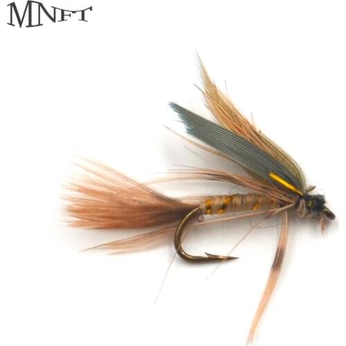 MNFT 10Pcs 12# Brown Insects Flies Hook Gold Wire Trout Flies Fly Fishing Yellow Zebra Body Fishing Dry Flies
