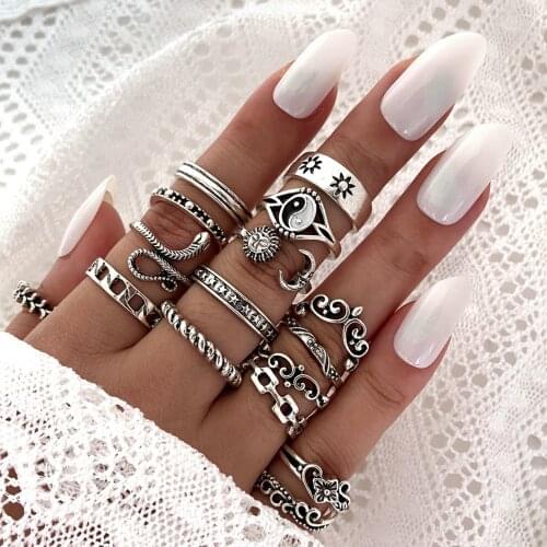 Bohemia Geometric Yin and Yang Rings Set for Women Vintage Silver Color Sun Moon Snake Opening Adjustable Finger Rings Jewelry