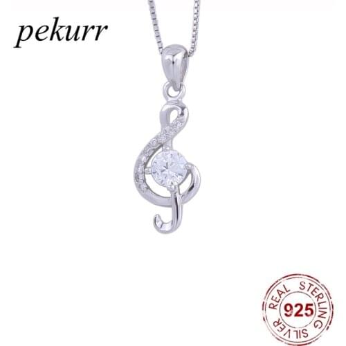 Pekurr 925 Sterling Silver Big Crystal Musical Note Necklaces For Women Music Sign Note Pendants Choker Party Fashion Jewelry