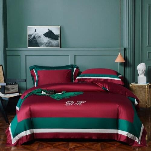 Luxury 100%Egyptian Cotton Bedding Chic Red Green Patchwork Duvet Cover with zipper closure King Queen 4pcs Bed sheet Pillowcase