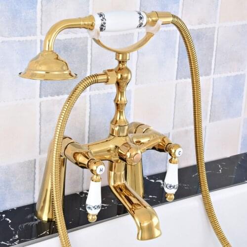 Bathtub Faucets Luxury Gold Brass Bathroom Faucet Mixer Tap Deck Mount Hand Held Shower Head Kit Shower Faucet Sets Ktf779