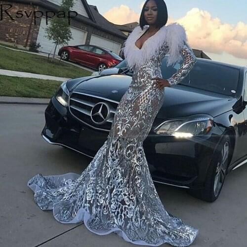 Sexy See Throug Sparkly Sequin Long African Girl Party Prom Dress Feathers V-neck With Long Sleeves Mermaid Prom Dresses 2021