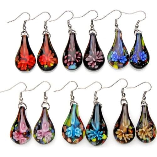 YingWu Earrings Wholesale lot 6 Pairs Flower Leaf lampwork murano glass bead Earring Silver Plated Dangle Earrings