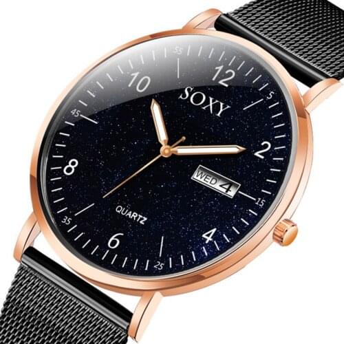 SOXY Mens Watch Starry Sky Dial Luminous Calendar Stainless Steel Mesh Belt Watch Elegant Male Watches Erkek Kol Saati Clock