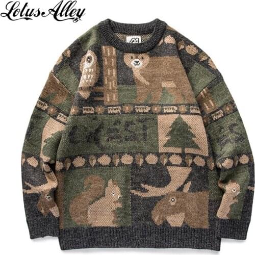 Knit Sweater Men Animal Patchwork Print Pullover Korean Style Autumn Winter Vintage Jumper Round Neck Streetwear Cute Sweaters