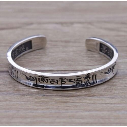 Vintage Jewelry Retro Thai Silver Fashion Men And Women S925 Sterling Silver Script Tibetan Open Ended Heart Bangle