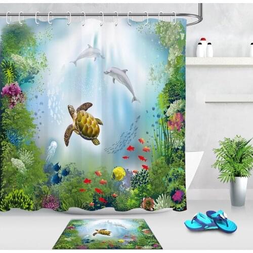 Turtle Fish Corals Dolphins Shower Curtain Underwater World Bathroom Waterproof Eco-Friendly Polyester Fabric For Bathtub Decor