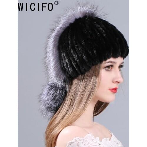 Women winter mink fur hat real knitted mink silver fox fur caps female russian warm beanies hat 2018 brand new womens fur hat