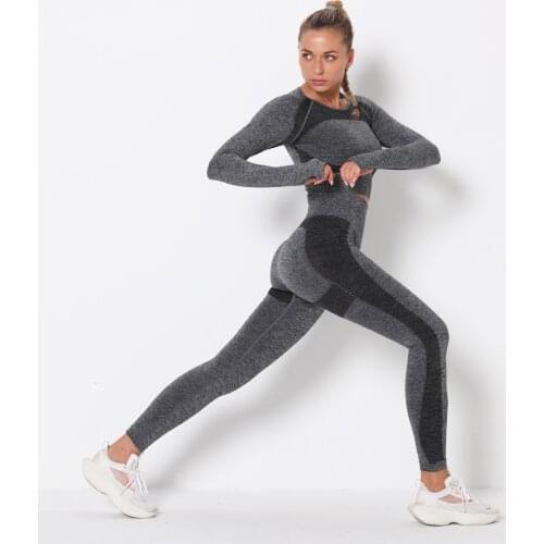 Women Seamless Yoga Set Gym Clothing Fitness Leggings Cropped Shirts Sport Suit Women Long Sleeve Tracksuit Active Wear Girl