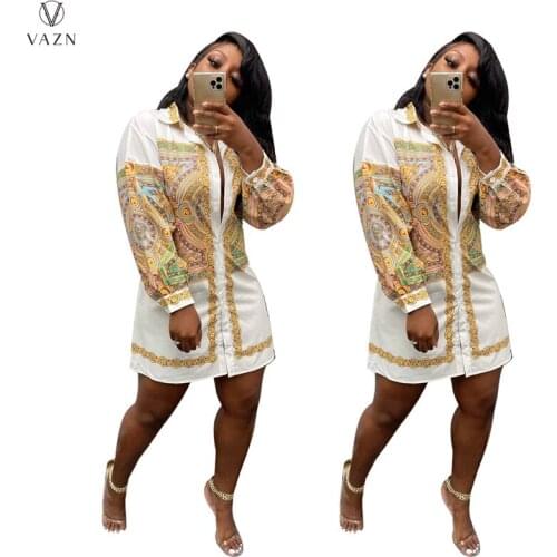 VAZN 2021 Spring New Fashion Women Street Casual Style Short Dress Long Sleeve Lapel Single Breasted Printed Shirt Short Dress