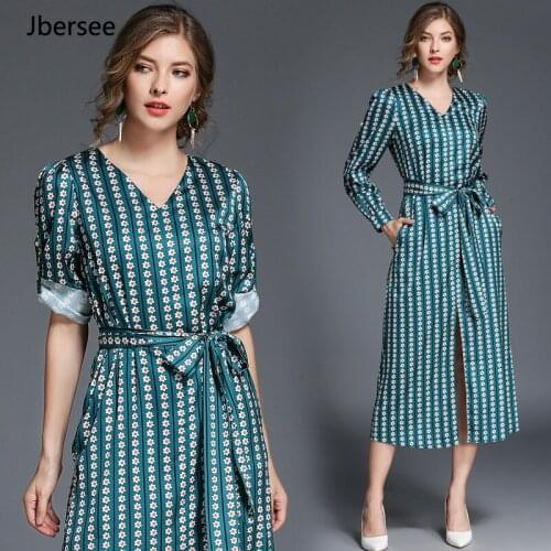 V-neck Long Section Slim Long Sleeved Spring Autumn Dress for Women Green Sexy Lady Striped Mid Waist Split Dresses YZ5112