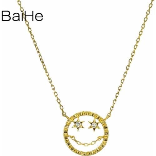 BAIHE Solid 18K Yellow Gold H/SI-SI3 0.01ct Natural Diamond Trendy Fine Jewelry Gift Exquisite smiley face fresh Necklaces