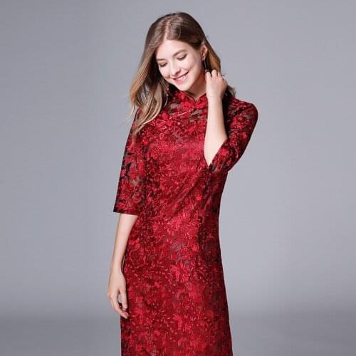 2021 Summer Chinese Style Women Slim Embroidery Sequined Wine Red Pencil Cheongsam Dress , Woman 4xl Qipao Dresses