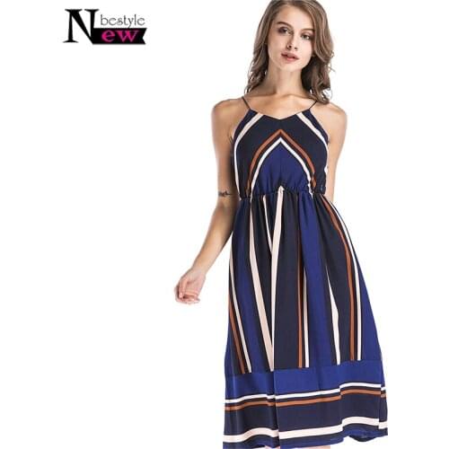 Multi Striped Dress Women 2019 Summer Bohemian Sundress Elastic Waist Spaghetti Strap Midi Vestidos Mujer Sexy Boho Beach Dress