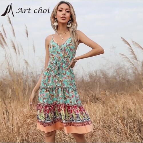Women Sexy Chiffon Spaghetti Strap Dress Summer Print Braces Skirt Sundress Sleeveless Backless Bodycon Ladies Party Vestido