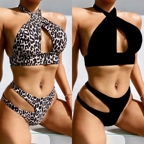 2021 Leopard Print Cross Neck Swimsuit Ladies Sexy Thong Printed Swimsuit High Waist Swimwear Ladies Ladies Bikini